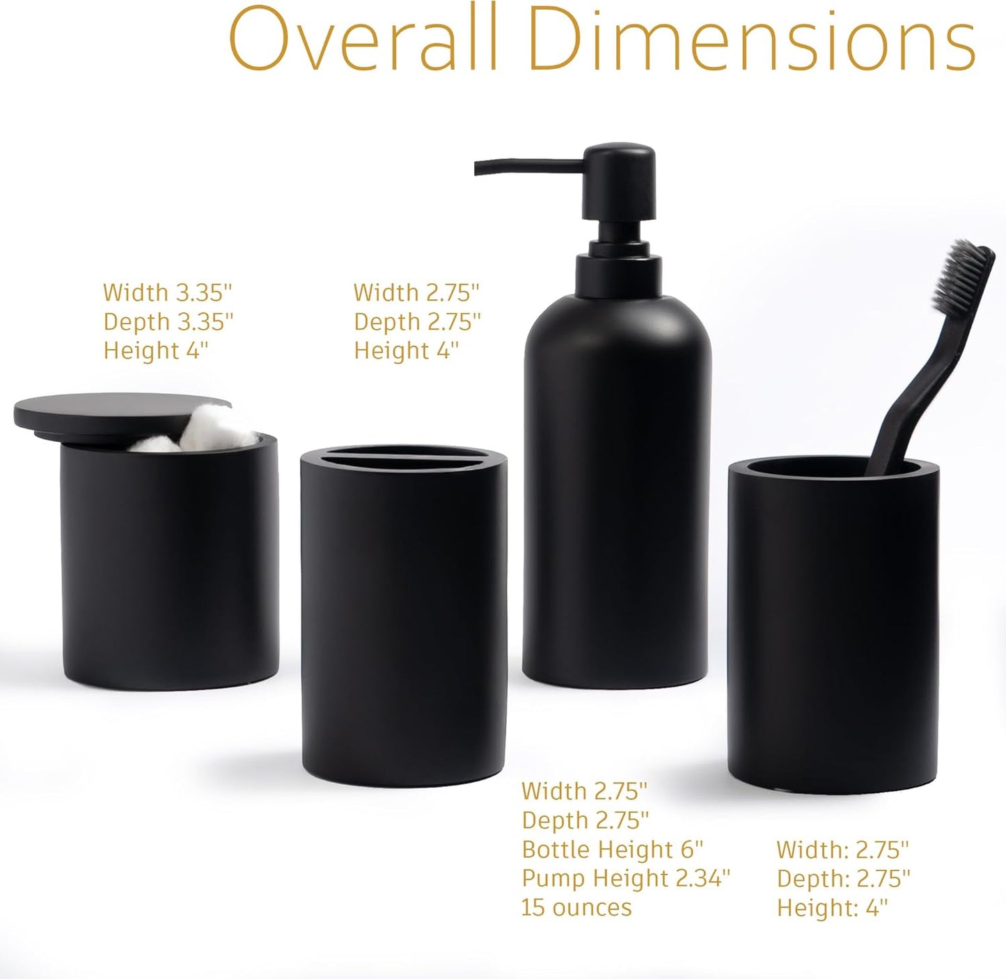 Bathroom Accessory Set - 4 Pcs Matte Black Bathroom Set with Toothbrush Holder, Soap Dispenser, Tumbler & Cotton Swab Jar - Bathroom Vanity Countertop Organizer, Bathroom Decor Sets