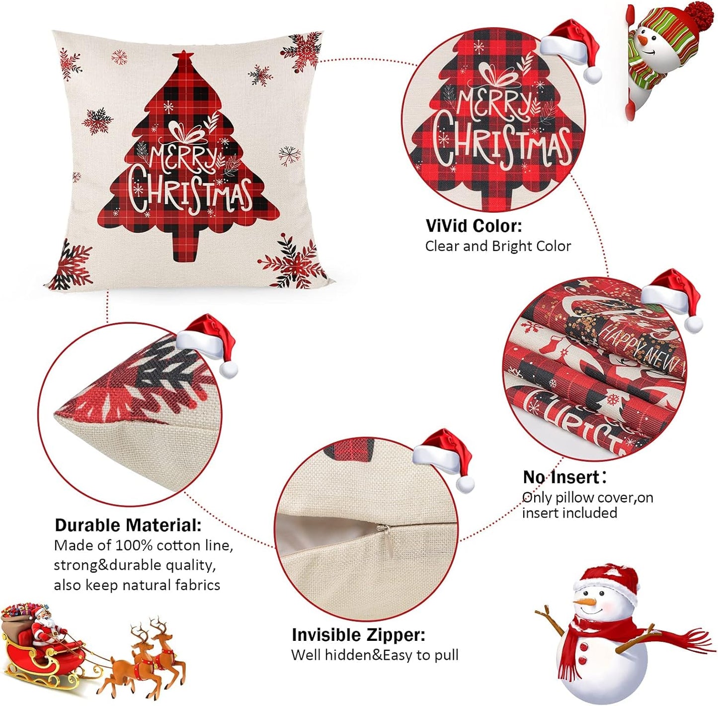 Buffalo Plaid Christmas Pillow Covers, Merry Christmas Throw Pillow Covers 18X18 Set of 4, Square Xmas Pillow Covers Zippered Linen Christmas Pillow Cases Seasonal for Winter Holiday Decoration