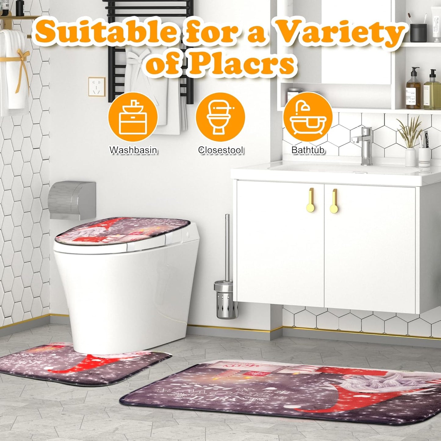 Christmas Shower Curtain Set with Rugs, Gnome Christmas Shower Curtain Sets for Bathroom, Christmas Bathroom Sets with Shower Curtain and Rugs 72X72 Inches (M1)