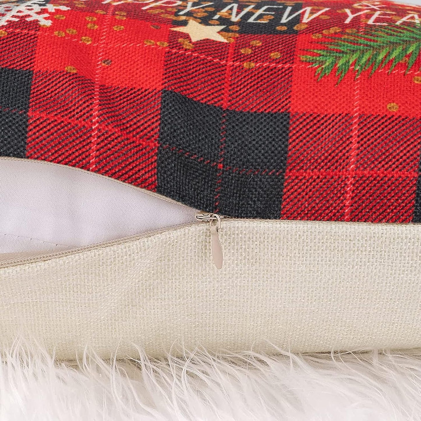 Buffalo Plaid Christmas Pillow Covers, Merry Christmas Throw Pillow Covers 18X18 Set of 4, Square Xmas Pillow Covers Zippered Linen Christmas Pillow Cases Seasonal for Winter Holiday Decoration