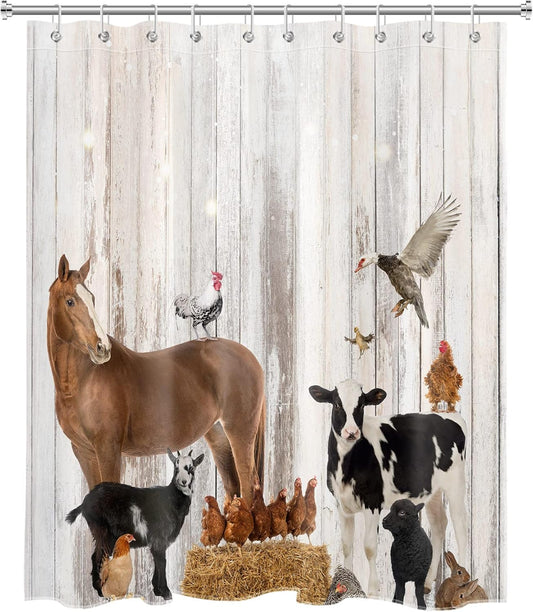 Farm Shower Curtain Decor, Rustic Wooden Wall Farm Little Animals Horse and Cow Shower Curtains 60X72 Inches Polyester Fabric Bathroom Decorations Bath Curtains Hooks Included