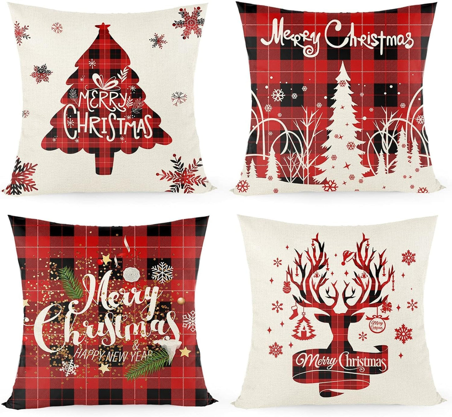 Buffalo Plaid Christmas Pillow Covers, Merry Christmas Throw Pillow Covers 18X18 Set of 4, Square Xmas Pillow Covers Zippered Linen Christmas Pillow Cases Seasonal for Winter Holiday Decoration