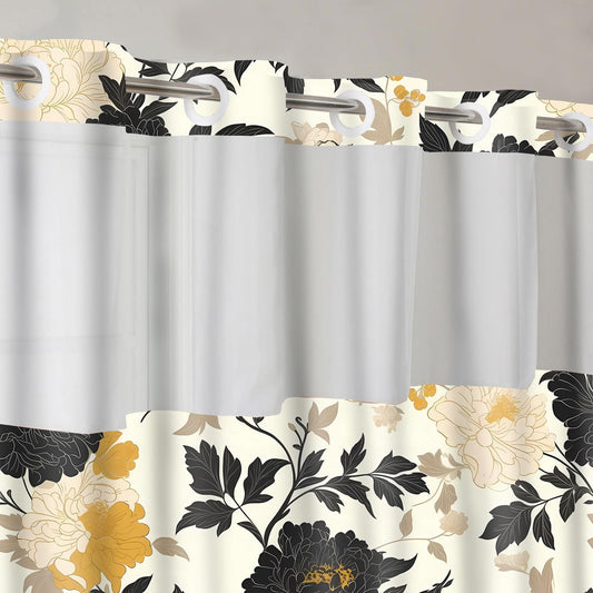 No Hooks Snap in Liner Black Rustic Floral Boho Shower Curtain Sets, Hotel Luxury Double Layers Waterproof Fabric & See-Through Top Window Bathroom Decorative 54X80In