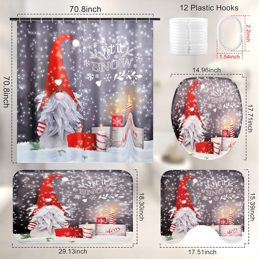 Christmas Shower Curtain Set with Rugs, Gnome Christmas Shower Curtain Sets for Bathroom, Christmas Bathroom Sets with Shower Curtain and Rugs 72X72 Inches (M1)