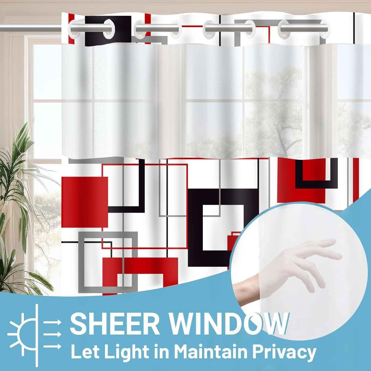 No Hook Modern Red and Black Shower Curtain with Snap in Fabric Liner Abstract Geometric Aesthetic Design Double Layer through Mesh Top Home Bathroom Decoration 54X80In YLSHGD416