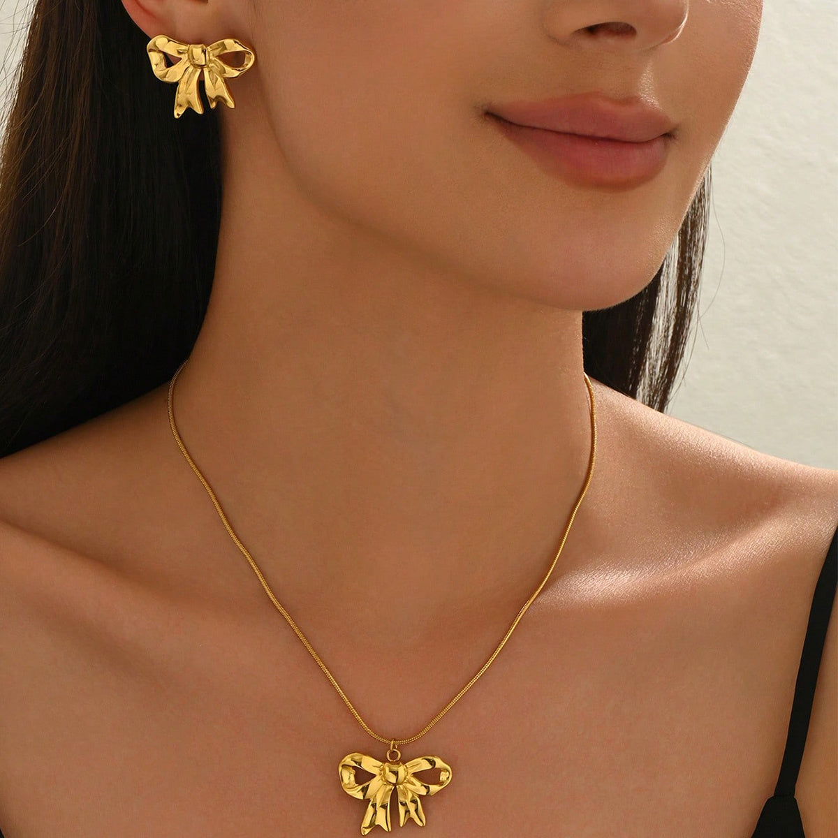 18K Gold Plated Bow Necklace & Earrings Set - Waterproof Hypoallergenic Jewelry Gift for Women & Girls