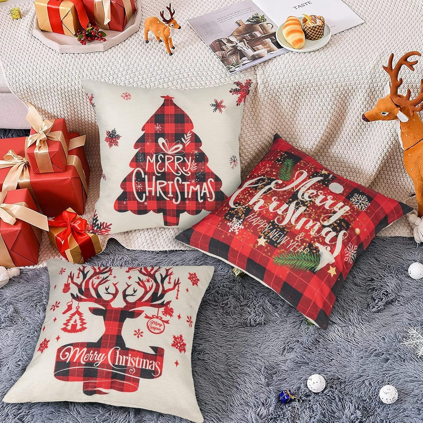 Buffalo Plaid Christmas Pillow Covers, Merry Christmas Throw Pillow Covers 18X18 Set of 4, Square Xmas Pillow Covers Zippered Linen Christmas Pillow Cases Seasonal for Winter Holiday Decoration