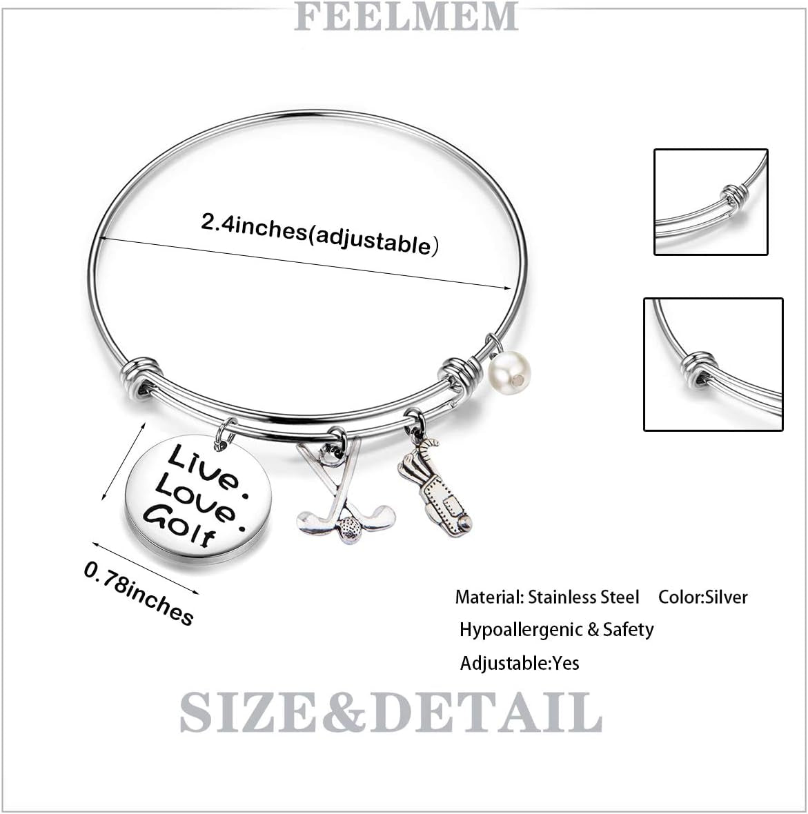 Golf Bracelet Live Love Golf Expandable Charm Bracelet Golf Jewelry Gift for Golf Lover/Golf Club/Golf Team(Silver)