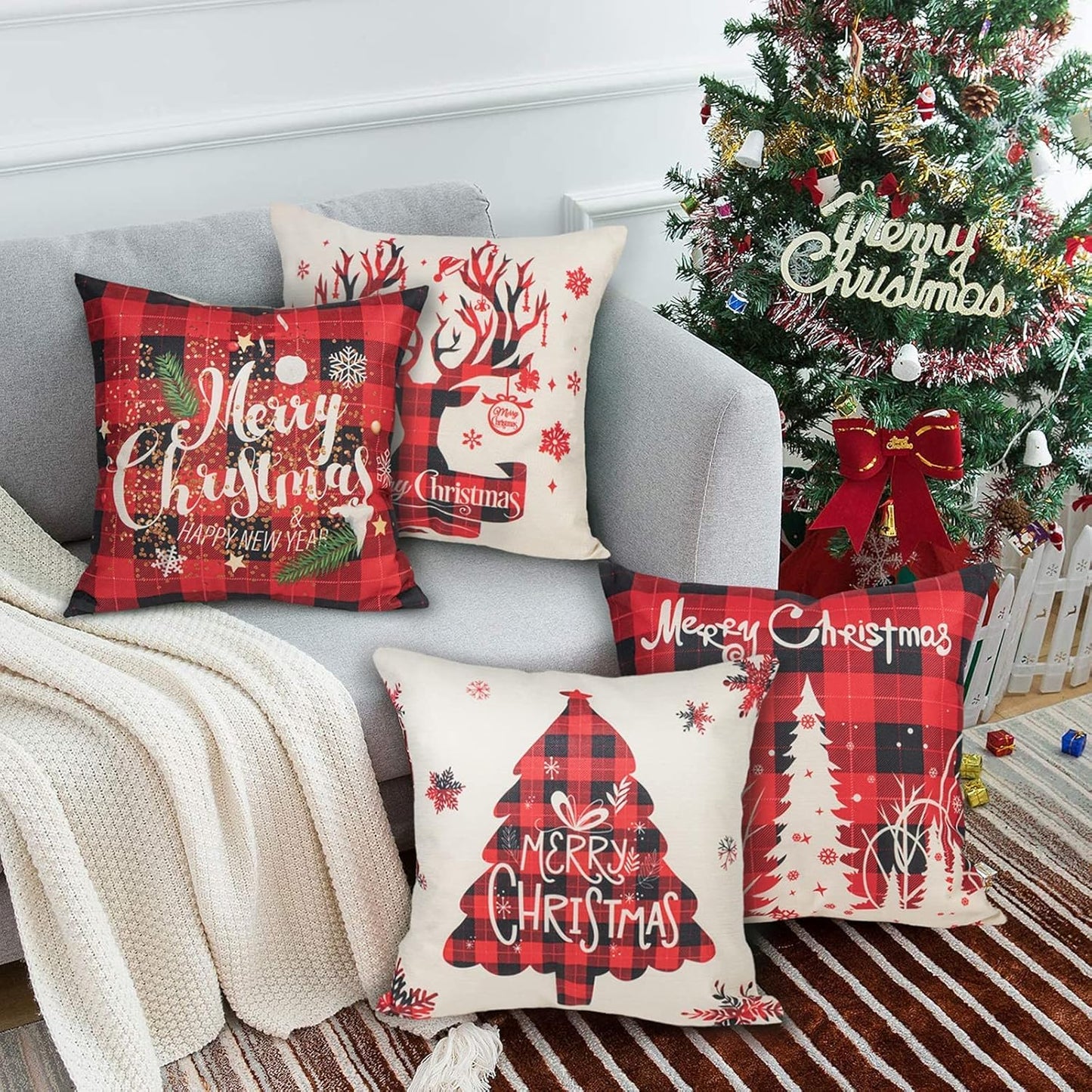 Buffalo Plaid Christmas Pillow Covers, Merry Christmas Throw Pillow Covers 18X18 Set of 4, Square Xmas Pillow Covers Zippered Linen Christmas Pillow Cases Seasonal for Winter Holiday Decoration