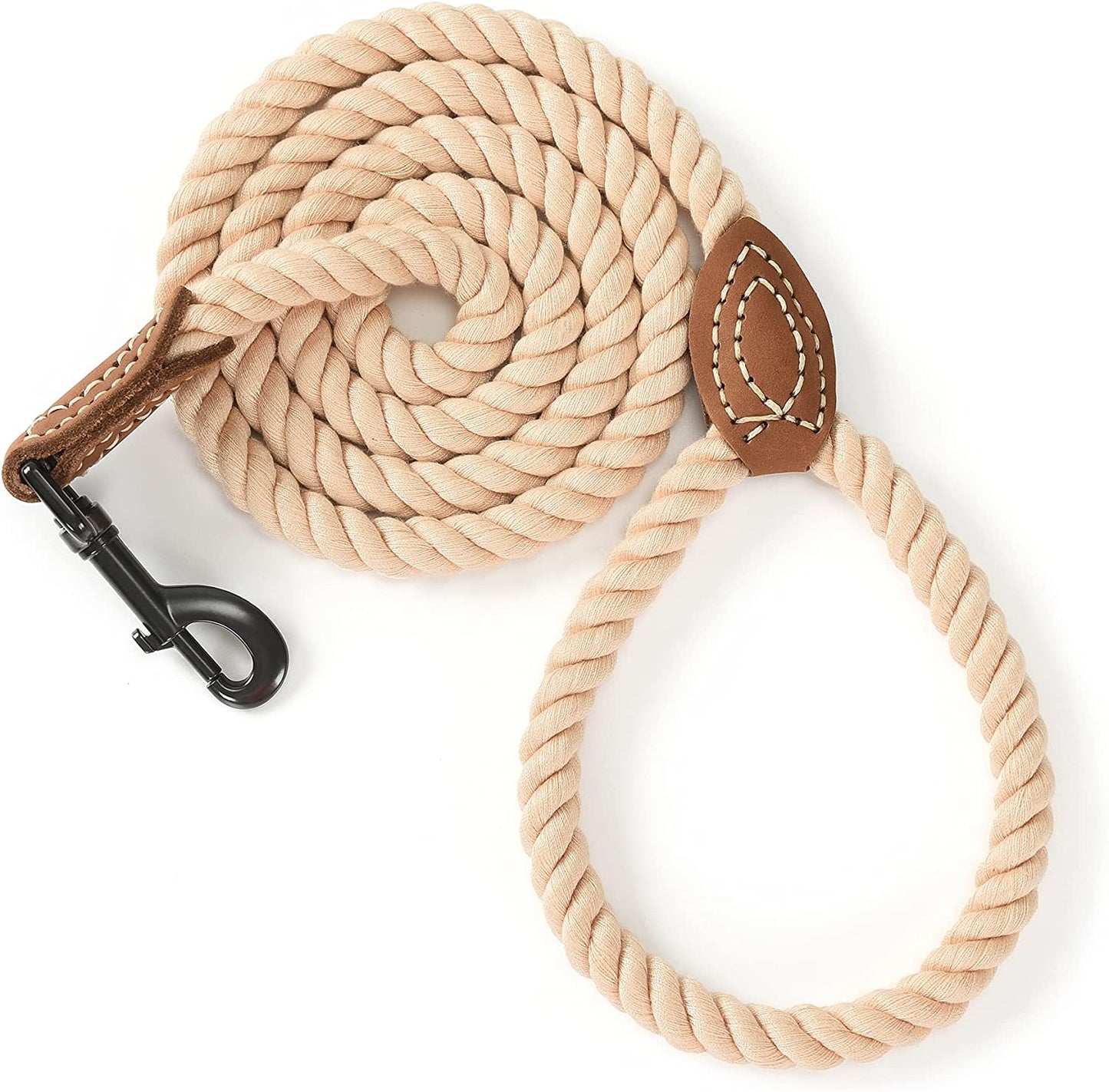 Dog Leash, Braided Cotton Rope Leashes with Leather Tip - Heavy Duty Metal Clasp, 6FT, 1/2" Thick - Wedding, Walking & Training Leash for Small Medium Large Dogs (Light Brown)