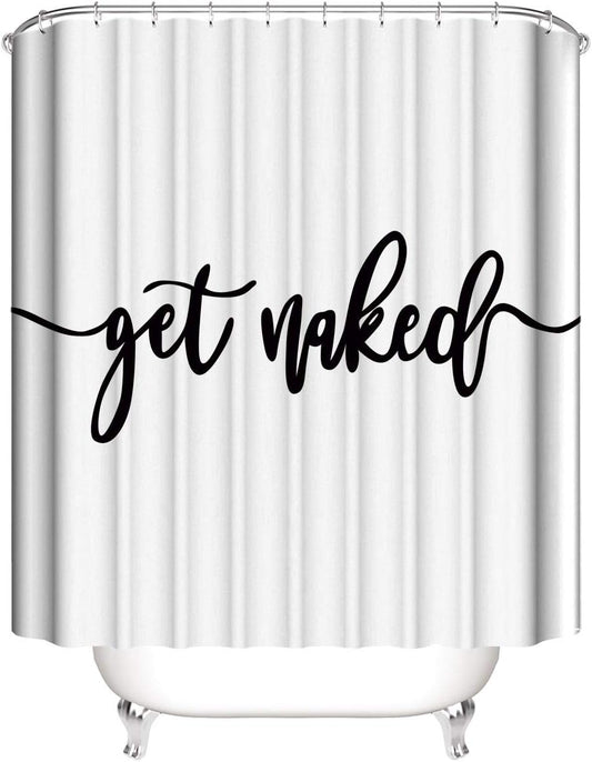 70X70 Inches Get Naked Shower Curtain Set Funny Quote Durable Waterproof Polyester Shower Curtain Bathroom Bath Decor Cloth Fabric + 12 Hooks(White)