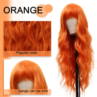 Elegant Long Orange Non-toxic Wig, Synthetic Wavy Hair Wig For Ladies, 28-inch Long Hair, Suitable For The Whole Scene