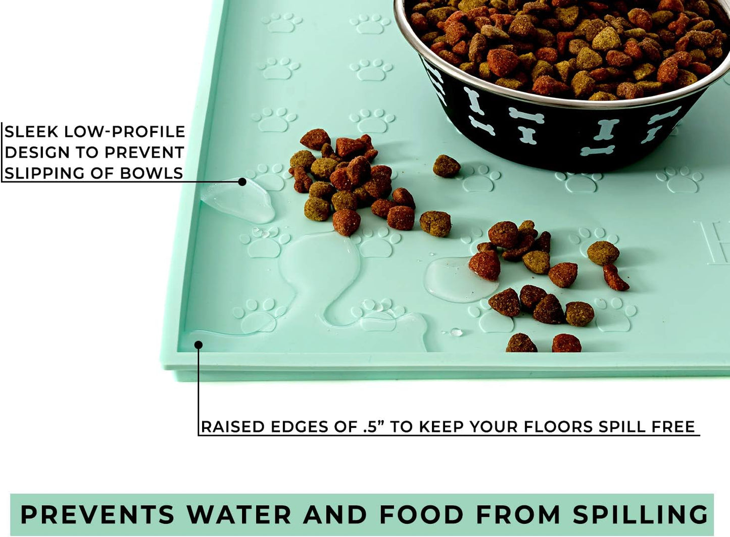 Food Mat Feeding Tray - Non-Slip, Anti-Spill, Raised Dog Food Bowl Mat, Easy Clean Waterproof - Premium Quality Silicone - Perfect for Dogs and Cats, 24"X16" (Cool Mint)