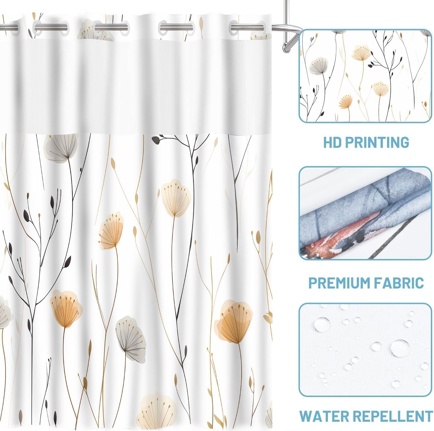 No Hook White Dandelion Shower Curtain with Snap in Fabric Liner Boho Floral Shower Curtain Flowers and Plants Boho Double Layer through Mesh Top Home Bathroom Decor 71X74In