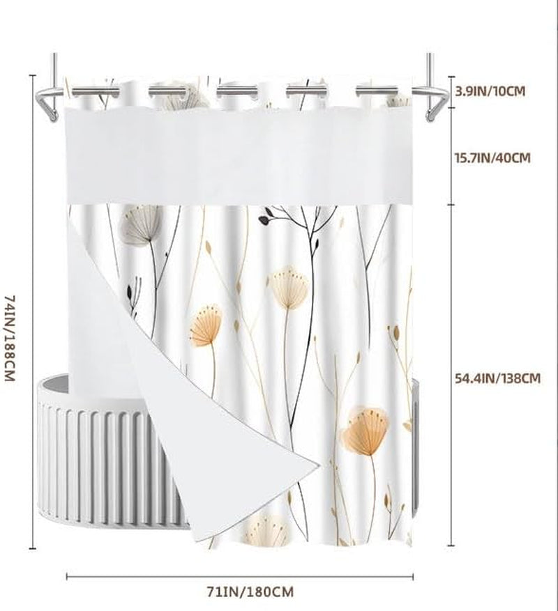 No Hook White Dandelion Shower Curtain with Snap in Fabric Liner Boho Floral Shower Curtain Flowers and Plants Boho Double Layer through Mesh Top Home Bathroom Decor 71X74In