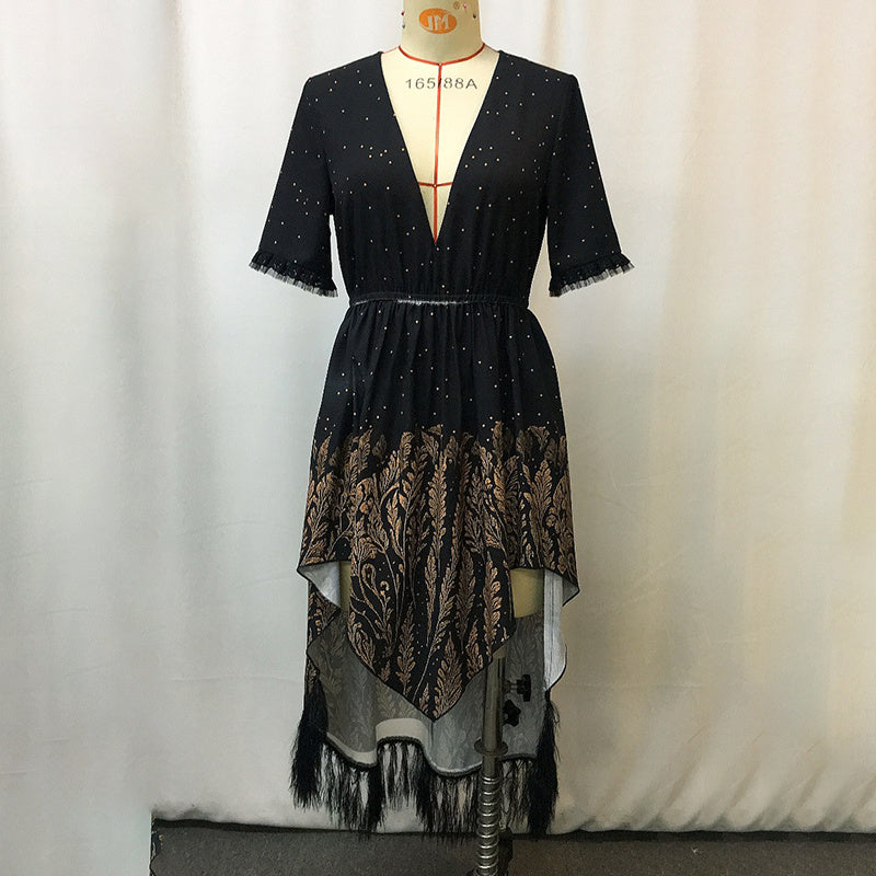 Women's Boho Cowgirl Dress With Fringe Tassels, V Neck Asymmetrical High Low Party Dress, Western Festival Club Outfit, NO Belt