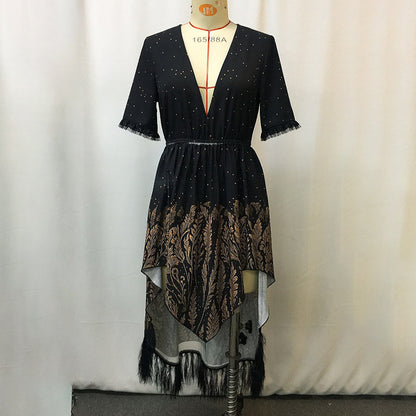 Women's Boho Cowgirl Dress With Fringe Tassels, V Neck Asymmetrical High Low Party Dress, Western Festival Club Outfit, NO Belt