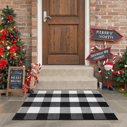 Front Door Mat Buffalo Plaid Outdoor Rug 24"X35" Black and White Checkered Rug Farmhouse Front Porch Rug Decor Cotton Woven Washable Layered Doormats for Front Door Outdoor Entrance