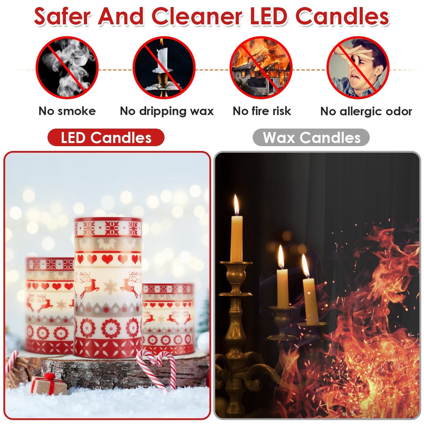 3Pack Christmas Flameless LED Candles Deer Flickering Candle Lights Pillar Candles With 3 Lighting Modes Timer Remote Control