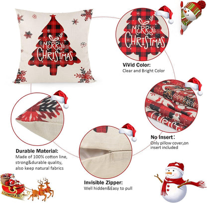 Buffalo Plaid Christmas Pillow Covers, Merry Christmas Throw Pillow Covers 18X18 Set of 4, Square Xmas Pillow Covers Zippered Linen Christmas Pillow Cases Seasonal for Winter Holiday Decoration