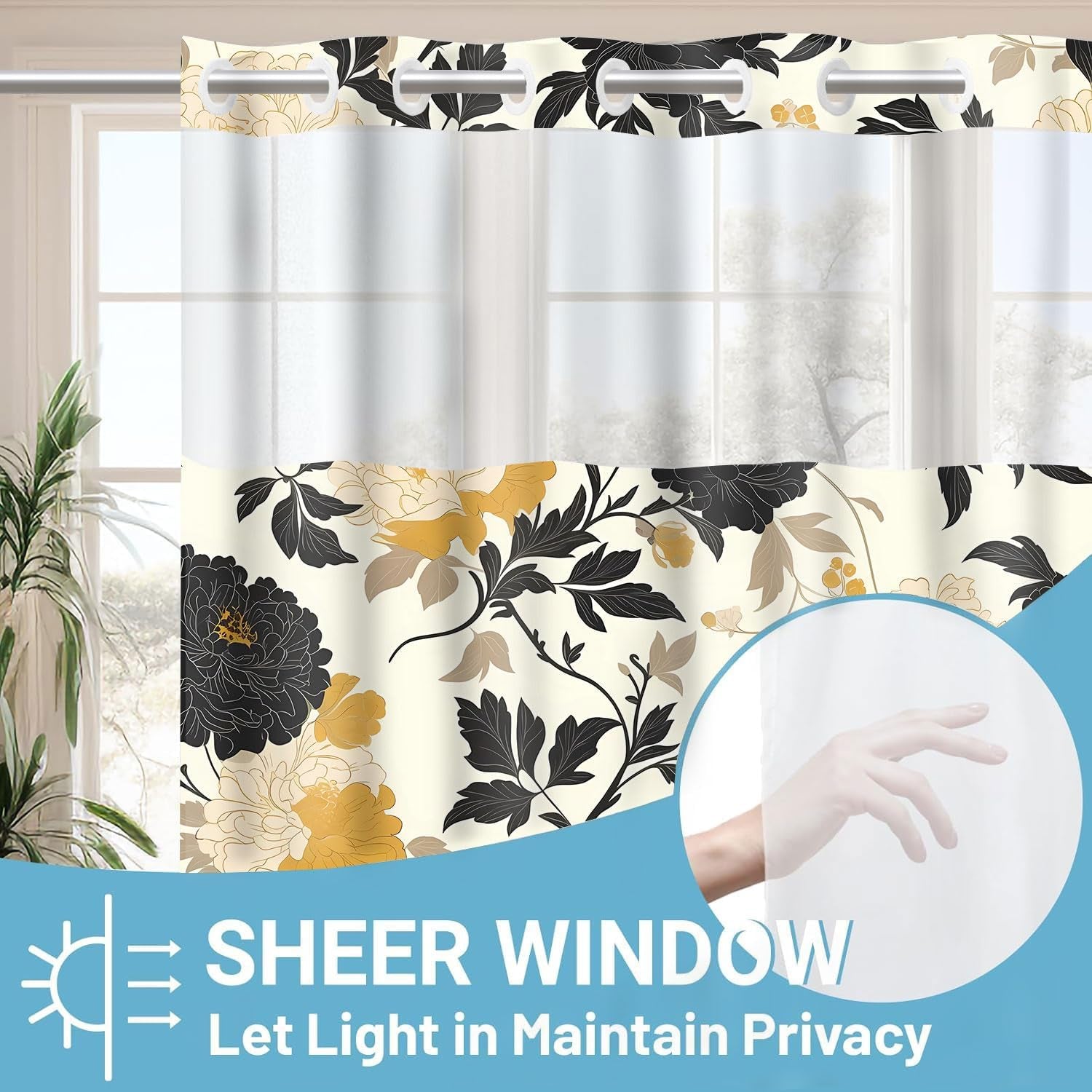 No Hooks Snap in Liner Black Rustic Floral Boho Shower Curtain Sets, Hotel Luxury Double Layers Waterproof Fabric & See-Through Top Window Bathroom Decorative 54X80In