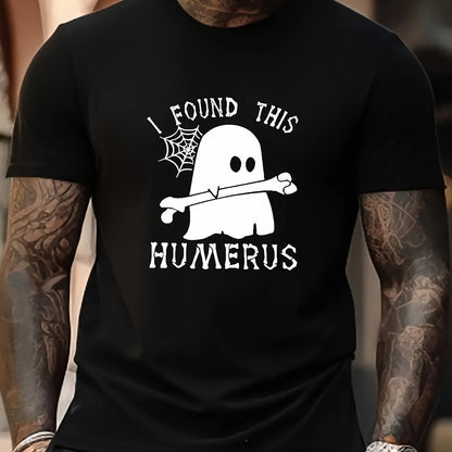 Plus Size Men's Halloween T-shirt, Short Sleeved T-shirt With Ghost And I Found This Humerus Pattern On Top
