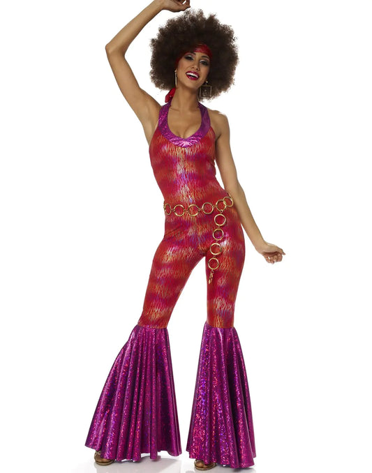 Women's red 70s Foxy Lady disco costume with bell bottoms and sequined top
