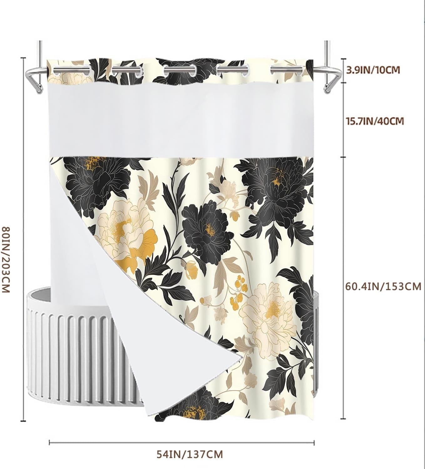 No Hooks Snap in Liner Black Rustic Floral Boho Shower Curtain Sets, Hotel Luxury Double Layers Waterproof Fabric & See-Through Top Window Bathroom Decorative 54X80In