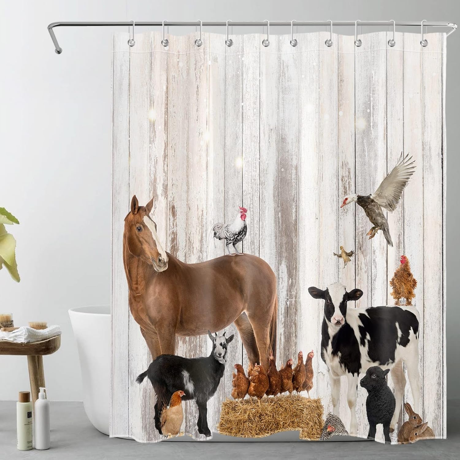 Farm Shower Curtain Decor, Rustic Wooden Wall Farm Little Animals Horse and Cow Shower Curtains 60X72 Inches Polyester Fabric Bathroom Decorations Bath Curtains Hooks Included