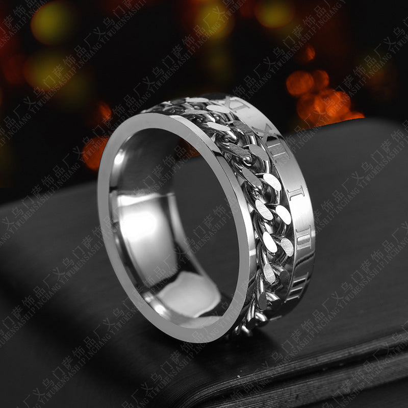 Titanium Spinner Ring - Roman Numeral Rotatable Chain Ring with Bottle Opener | Men's Punk Gift