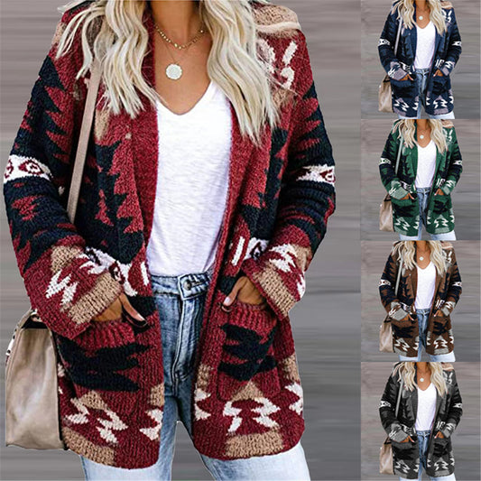 Women Loose Sweater Christmas Printed Knitted Cardigan