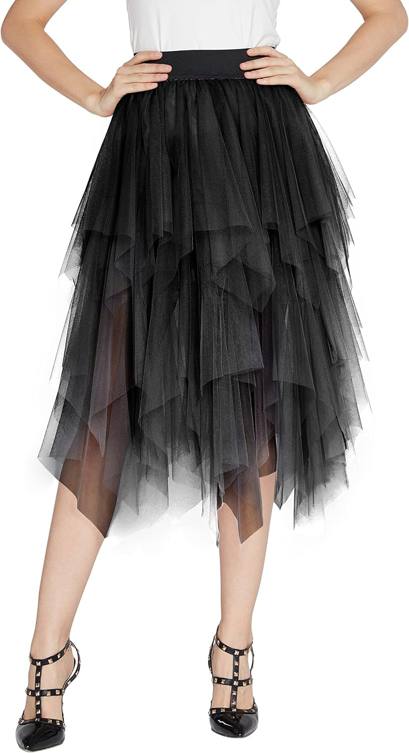 Women'S A-Line Mesh Tutu Skirt Fluffy Layered Tulle Midi Long Skirts with Elastic Waist