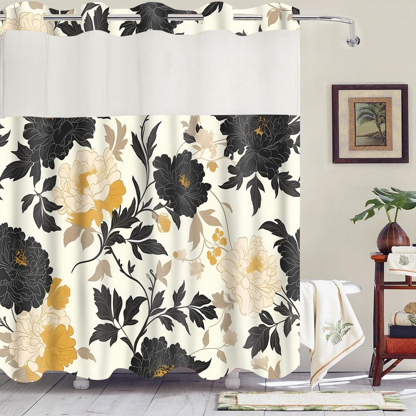 No Hooks Snap in Liner Black Rustic Floral Boho Shower Curtain Sets, Hotel Luxury Double Layers Waterproof Fabric & See-Through Top Window Bathroom Decorative 54X80In