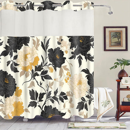 No Hooks Snap in Liner Black Rustic Floral Boho Shower Curtain Sets, Hotel Luxury Double Layers Waterproof Fabric & See-Through Top Window Bathroom Decorative 54X80In