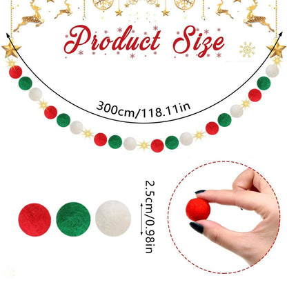 9.84 Ft Felt Ball Garland With Warm Light String Christmas Pom Pom Garland Red Green White 1 Inch Pompoms DIY Unique Hanging Bunting Banner For Xmas Tree Fireplace Wall Home Decor