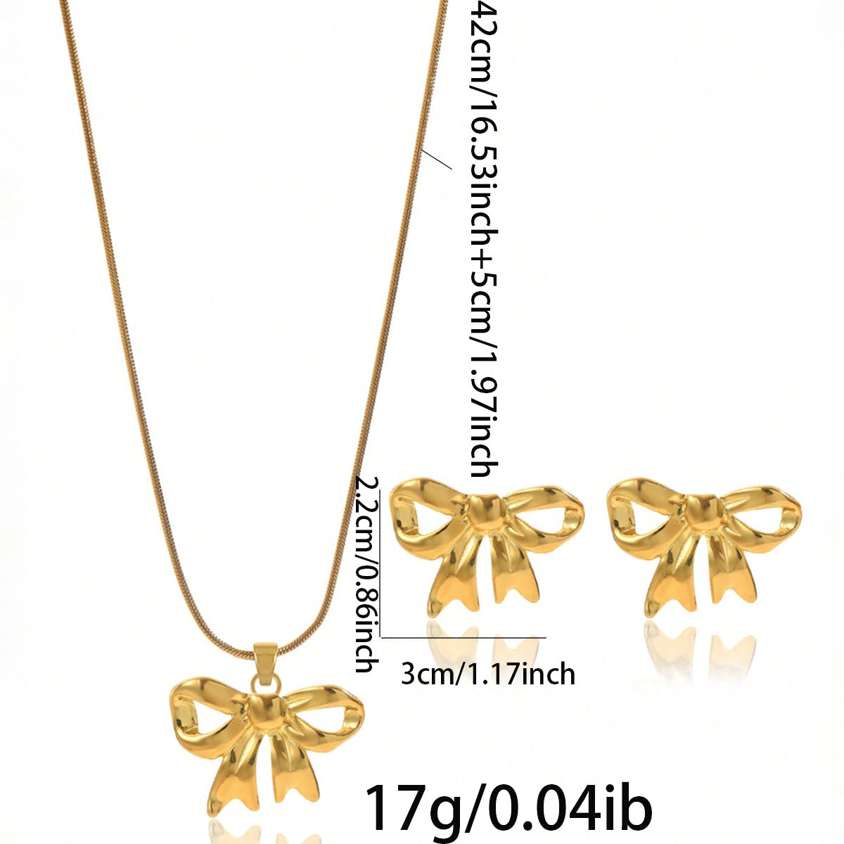 18K Gold Plated Bow Necklace & Earrings Set - Waterproof Hypoallergenic Jewelry Gift for Women & Girls