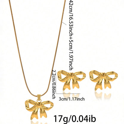 18K Gold Plated Bow Necklace & Earrings Set - Waterproof Hypoallergenic Jewelry Gift for Women & Girls