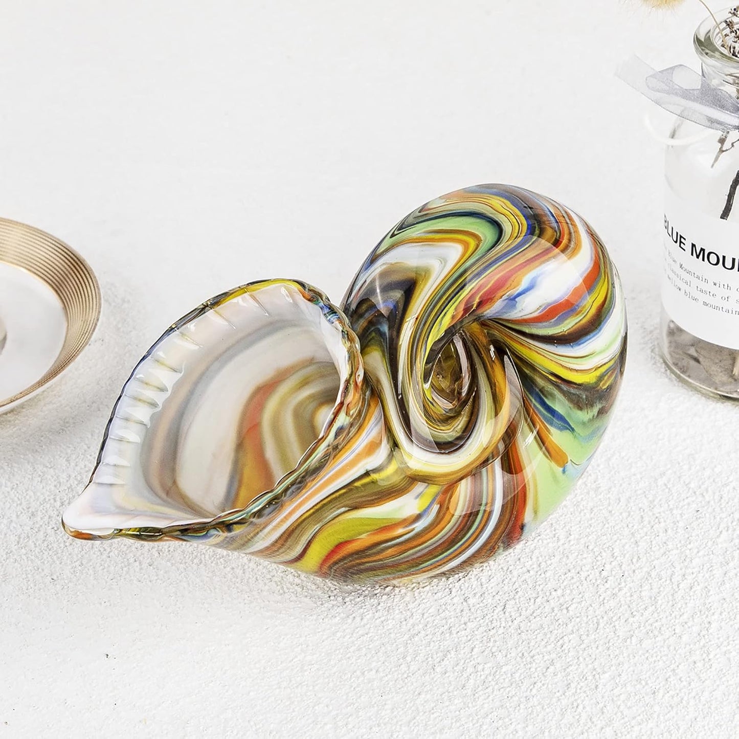 Glass Nautilus Conch Figurines, Hand Blown Seashell Art, Multicolor Glass Sculpture Beautiful Home Decor, Crystal Paperweight