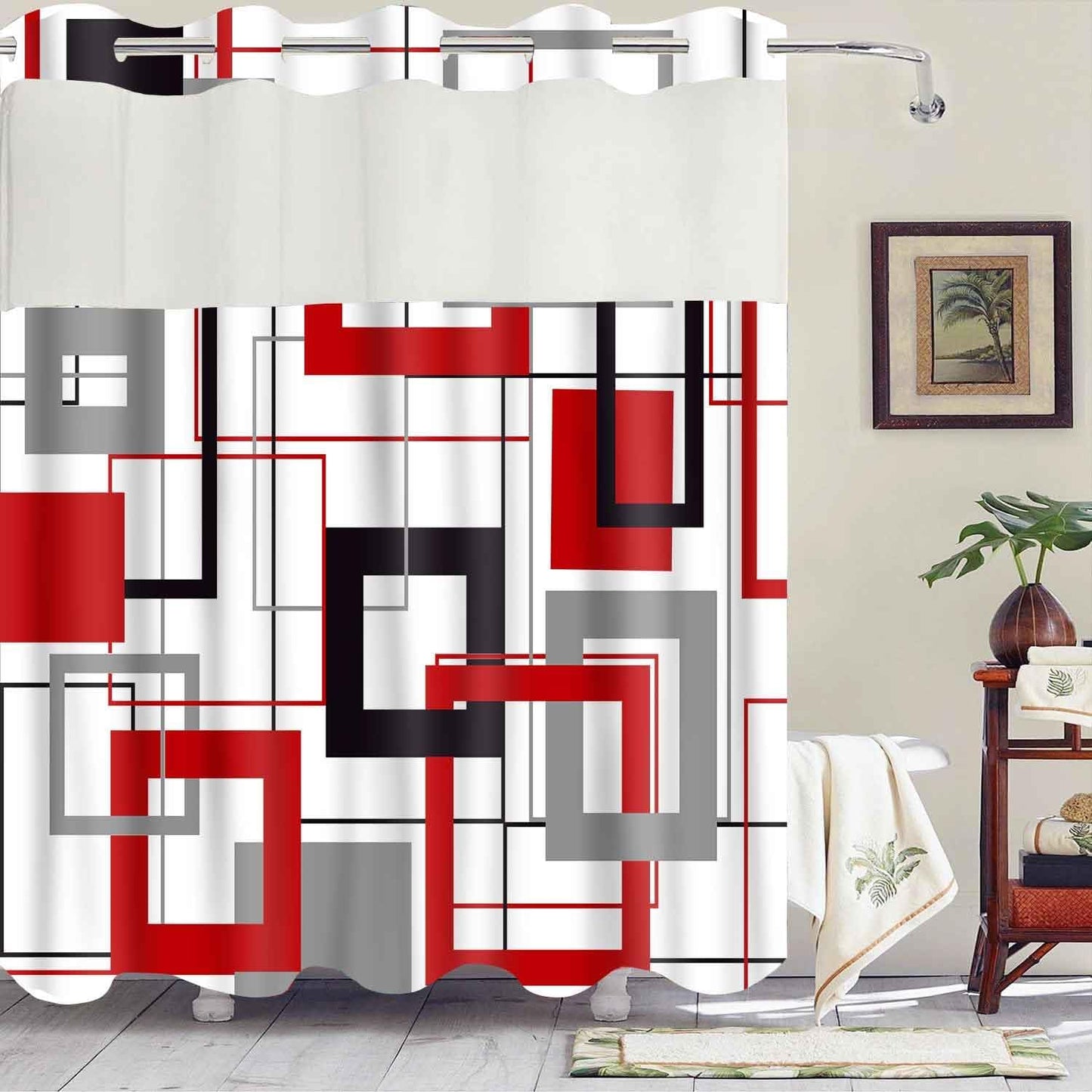 No Hook Modern Red and Black Shower Curtain with Snap in Fabric Liner Abstract Geometric Aesthetic Design Double Layer through Mesh Top Home Bathroom Decoration 54X80In YLSHGD416