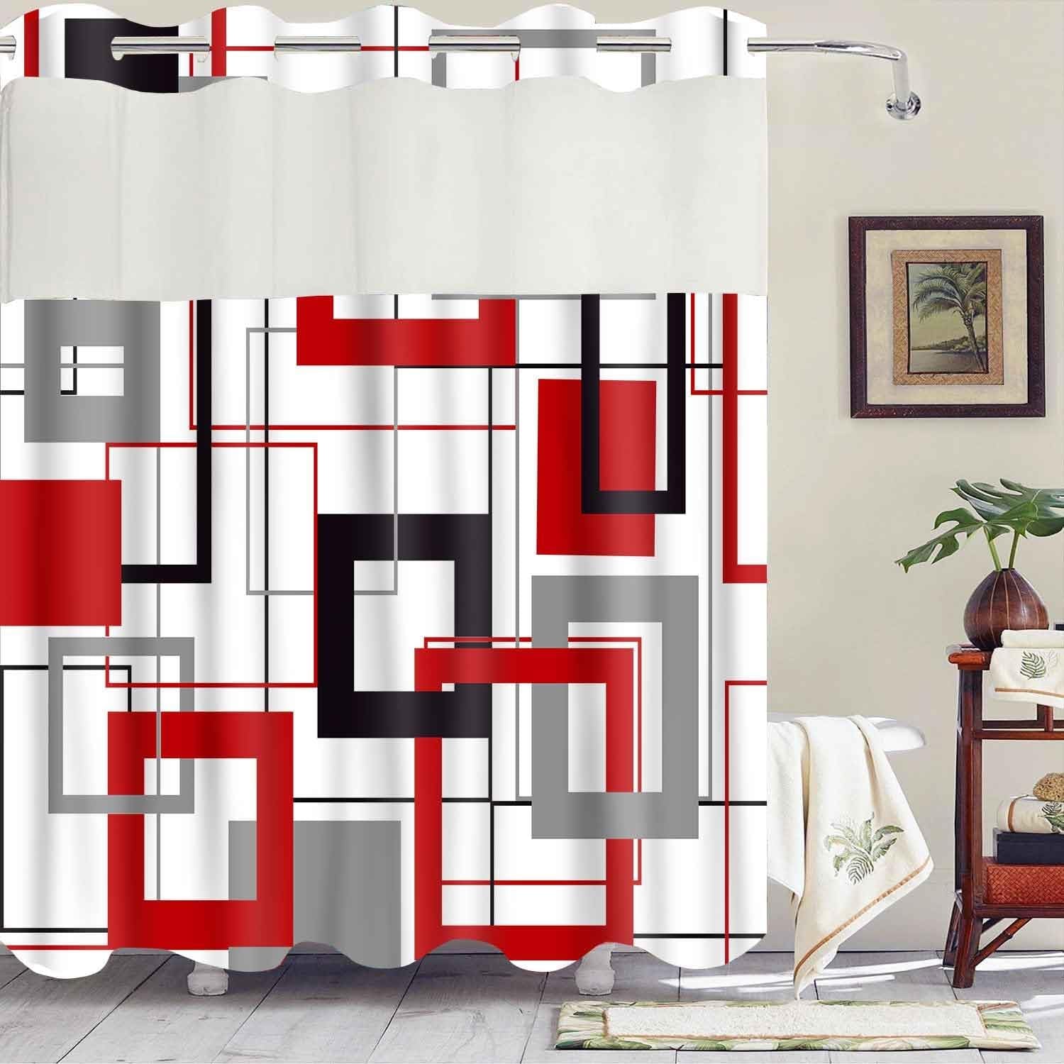 No Hook Modern Red and Black Shower Curtain with Snap in Fabric Liner Abstract Geometric Aesthetic Design Double Layer through Mesh Top Home Bathroom Decoration 54X80In YLSHGD416