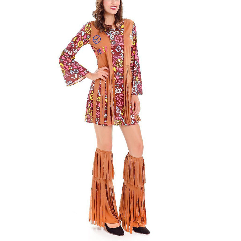 Women's Tassel 3-Piece Hippie Costume Set - Printed Long Sleeve Short Dress With Headscarf & Leg Warmers