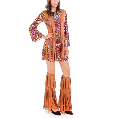 Women's Tassel 3-Piece Hippie Costume Set - Printed Long Sleeve Short Dress With Headscarf & Leg Warmers