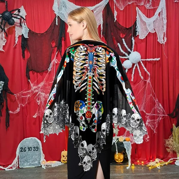Halloween Skeleton Poncho, Lace Skeleton Halloween Costume Poncho Day Of The Dead Poncho For Women