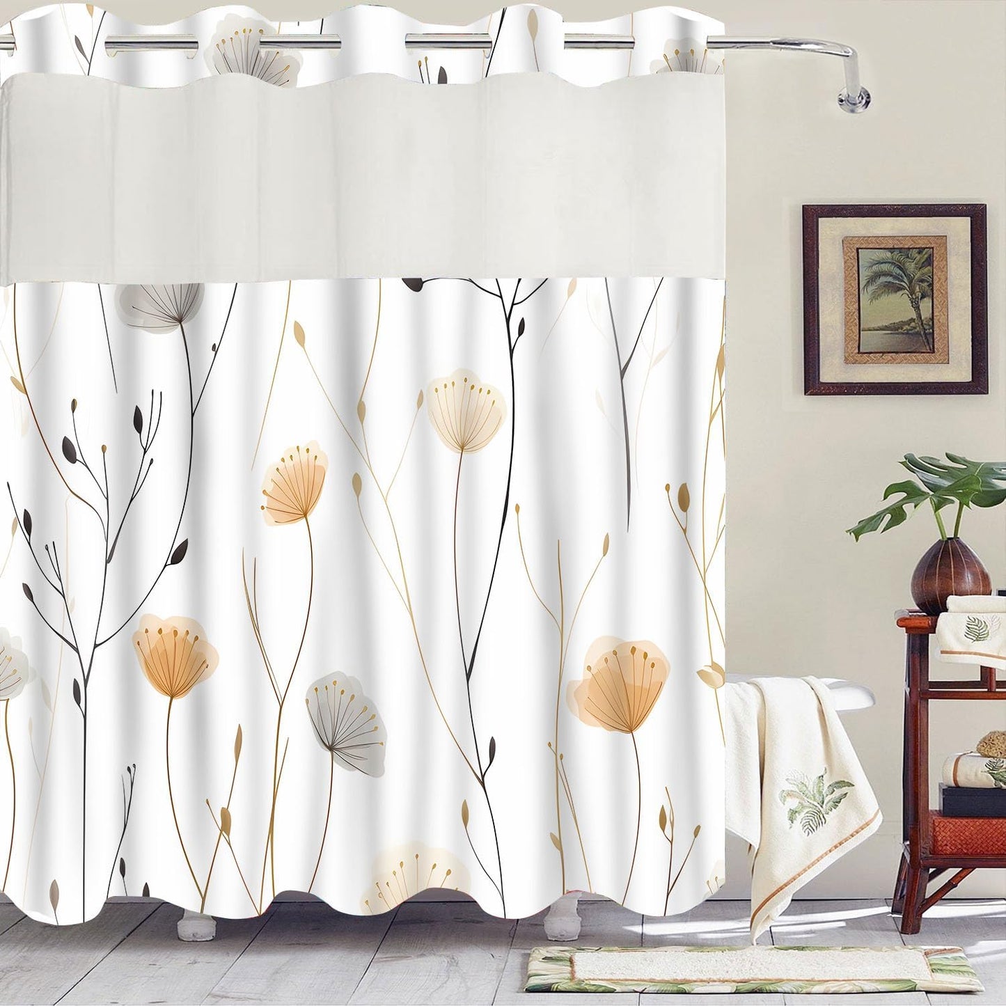 No Hook White Dandelion Shower Curtain with Snap in Fabric Liner Boho Floral Shower Curtain Flowers and Plants Boho Double Layer through Mesh Top Home Bathroom Decor 71X74In