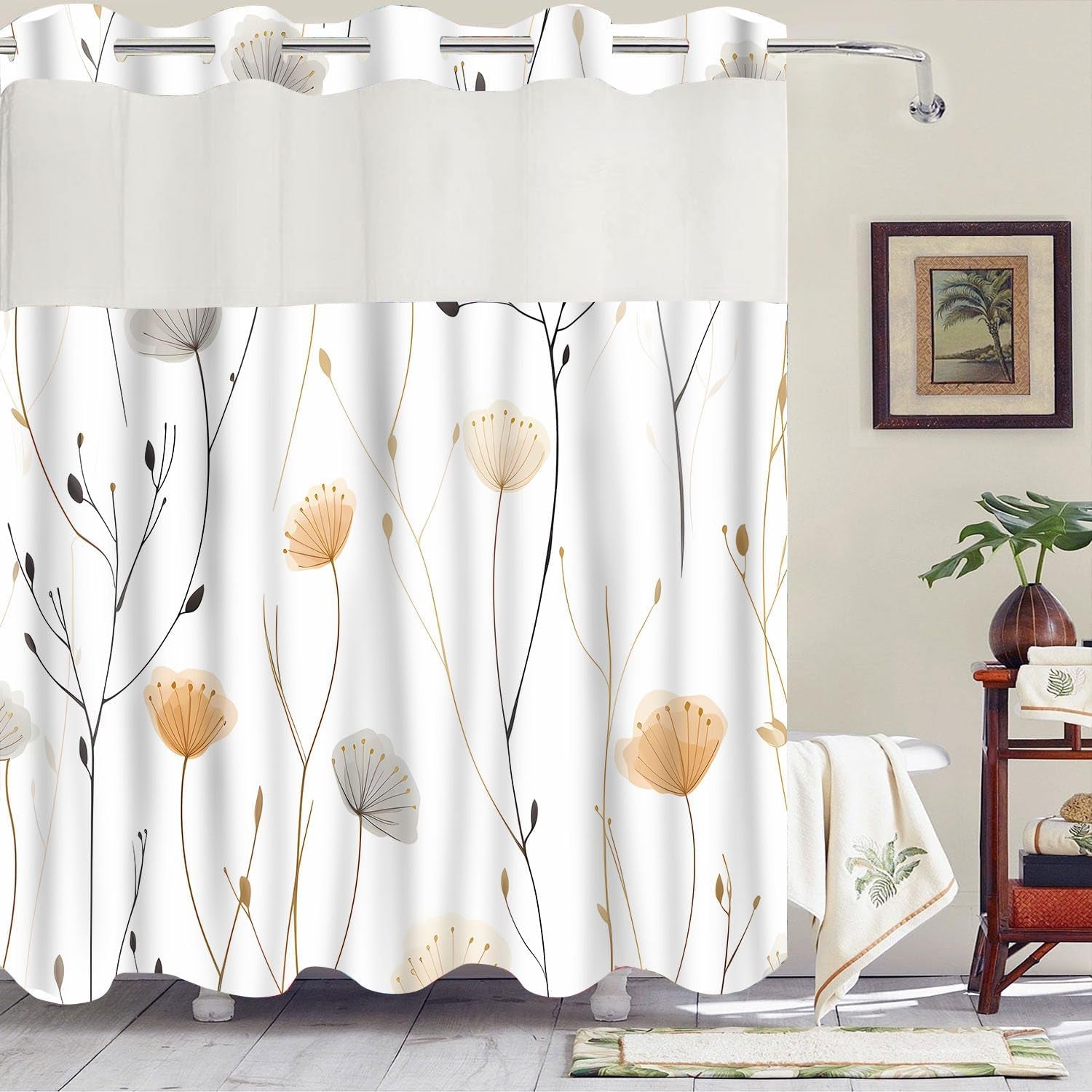 No Hook White Dandelion Shower Curtain with Snap in Fabric Liner Boho Floral Shower Curtain Flowers and Plants Boho Double Layer through Mesh Top Home Bathroom Decor 71X74In