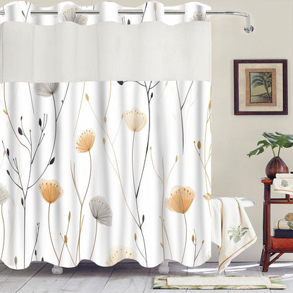No Hook White Dandelion Shower Curtain with Snap in Fabric Liner Boho Floral Shower Curtain Flowers and Plants Boho Double Layer through Mesh Top Home Bathroom Decor 71X74In