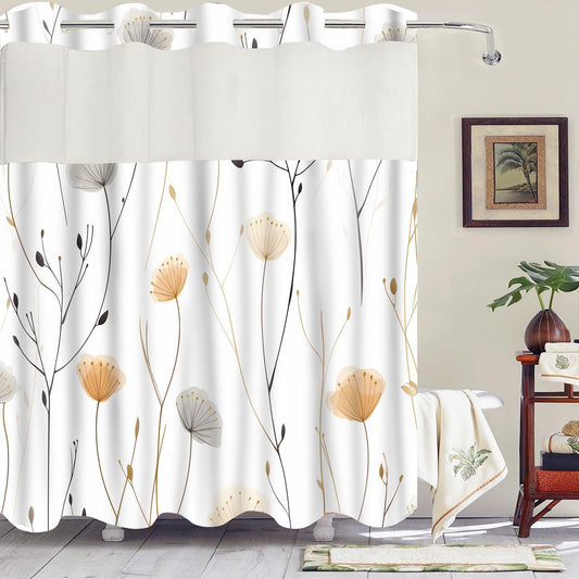 No Hook White Dandelion Shower Curtain with Snap in Fabric Liner Boho Floral Shower Curtain Flowers and Plants Boho Double Layer through Mesh Top Home Bathroom Decor 71X74In