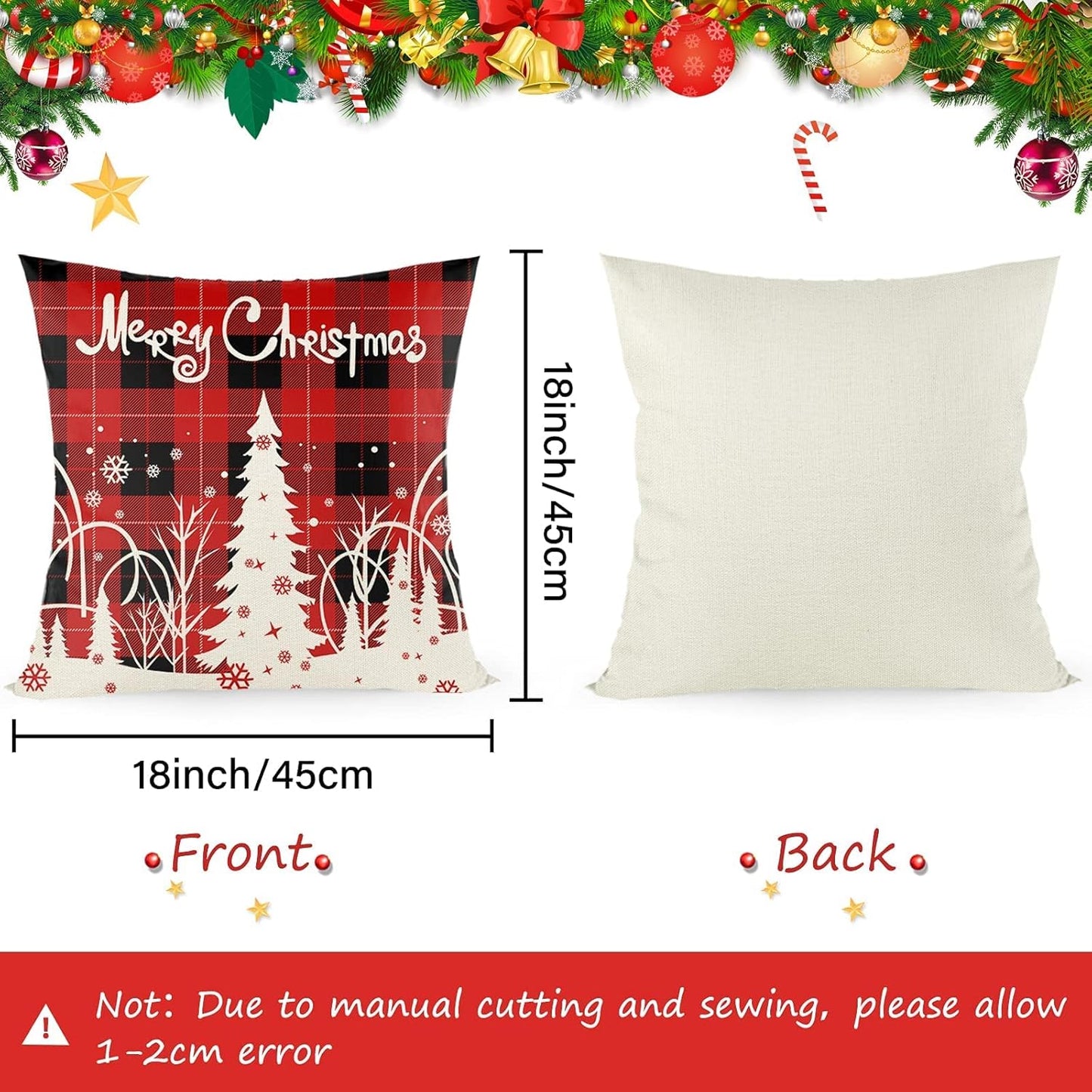 Buffalo Plaid Christmas Pillow Covers, Merry Christmas Throw Pillow Covers 18X18 Set of 4, Square Xmas Pillow Covers Zippered Linen Christmas Pillow Cases Seasonal for Winter Holiday Decoration