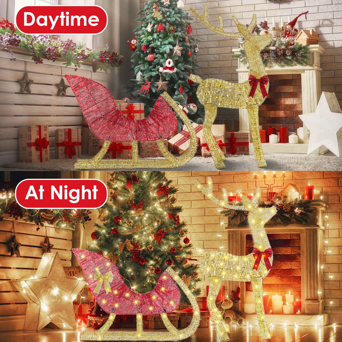 1Pc Lighted Christmas Reindeer & Sleigh Indoor Outdoor Christmas Decoration Christmas Lighted Display With 8 Lighting Modes