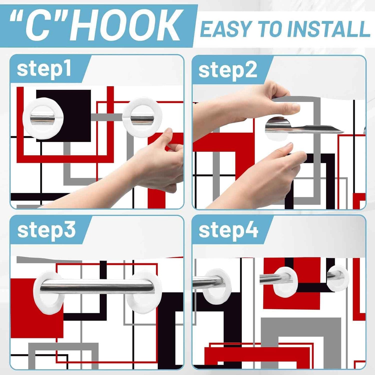 No Hook Modern Red and Black Shower Curtain with Snap in Fabric Liner Abstract Geometric Aesthetic Design Double Layer through Mesh Top Home Bathroom Decoration 54X80In YLSHGD416